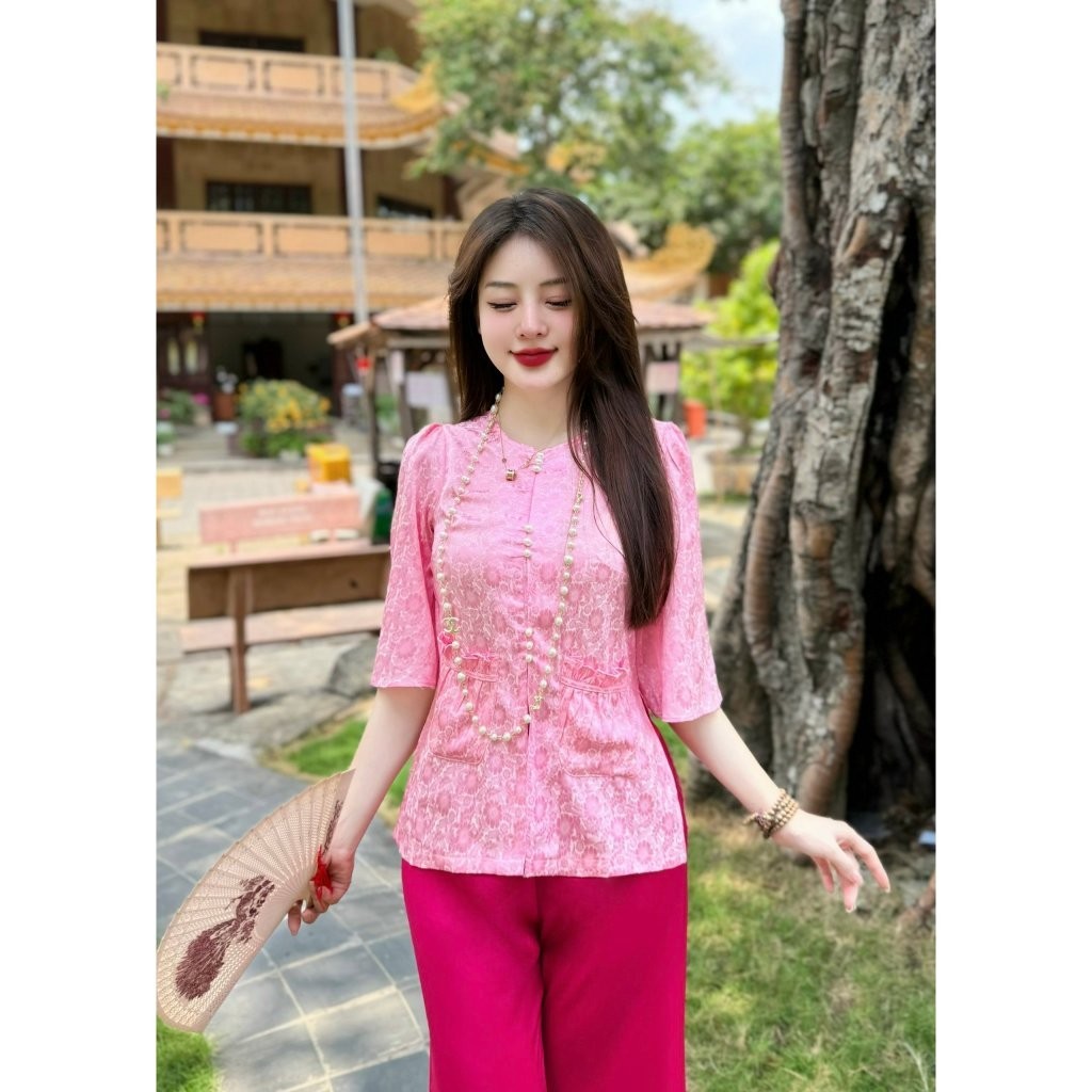Pháp phục đi chùa, đồ bộ lam đi chùa nữ chất liệu gấm hoa cổ tròn đính ngọc cao cấp - Pháp phục Tịnh Tâm