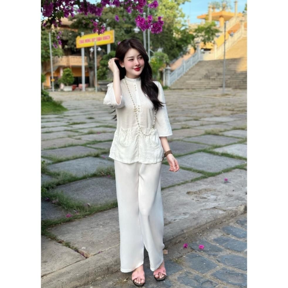 Đồ Lam Đi Chùa Tịnh Tâm, Pháp phục nữ lụa cao cấp tiểu thư sang trọng cổ tàu cúc ngọcSize 40-65kg,4 size S,M,L,XL