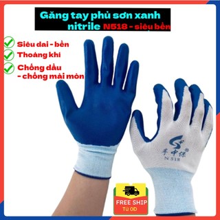 Găng tay bảo hộ lao động N518 phủ cao su xanh dùng bốc xếp hàng sửa xe làm vườn chống cắt chống dầu bởi OKAMAS STORE