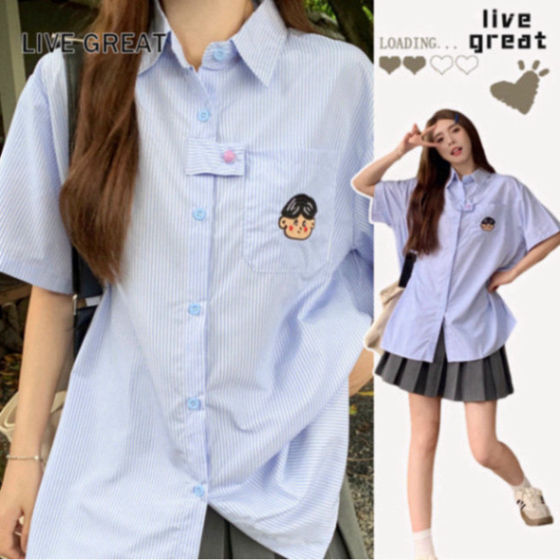 Áo Sơ Mi Kẻ Thêu Hình Gấu W Form Suông Rộng , Áo Sơ Mi Oversize Form Khoác Hàn Quốc, Kẻ sọc Women Nữ Top Shirt | BigBuy360 - bigbuy360.vn