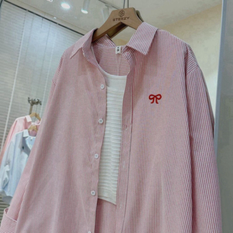 Áo Sơ Mi Kẻ Thêu Hình Gấu W Form Suông Rộng , Áo Sơ Mi Oversize Form Khoác Hàn Quốc, Kẻ sọc Women Nữ Top Shirt | BigBuy360 - bigbuy360.vn