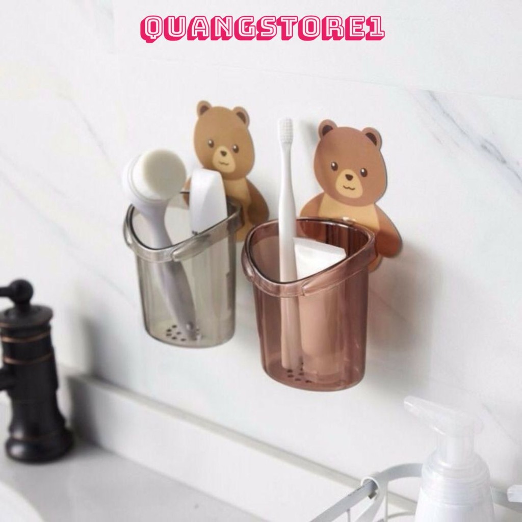 2 Cốc Đựng Bàn Chải, Kem Đánh Răng Dán Tường, Cốc Gấu Dán Tường Để Bàn Chải Đánh Răng Hình Gấu Có Lỗ Thoát Nước Tiện Lợi