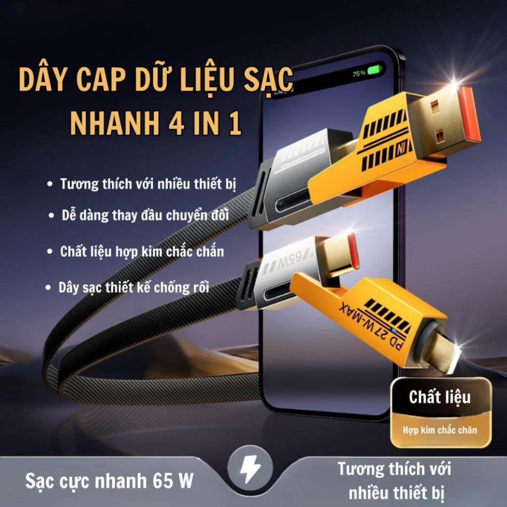 Cáp Sạc Nhanh , Dây Sạc Bọc Dù Tích Hợp 3 Cổng Micro Usb Type C 3 In 1 TENZATEK