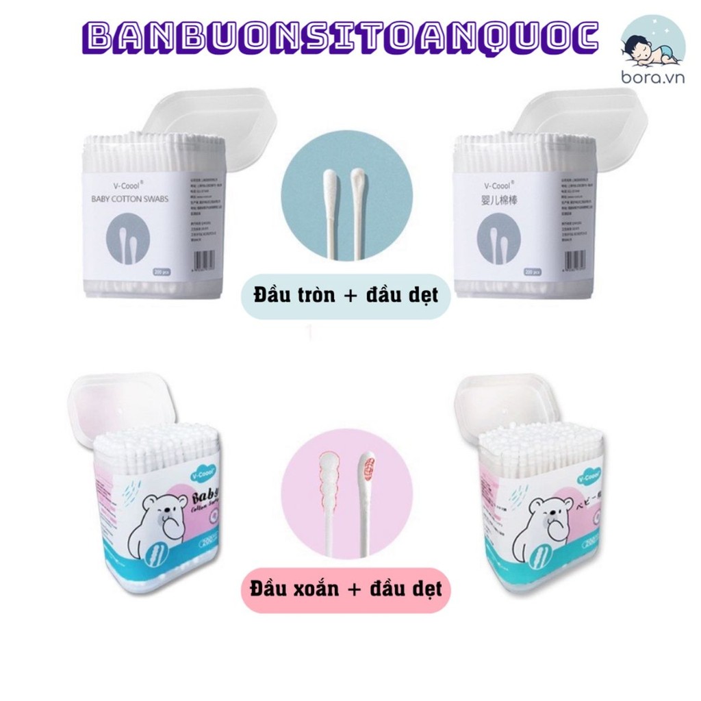 Tăm Bông Cho Bé Sơ Sinh, Trẻ Em Bông Tự Nhiên V-Coool, Hộp 200/ 400 Que 2 Đầu Dẹt Và Tròn Thân Nhựa Mềm Mại An Toàn- 32