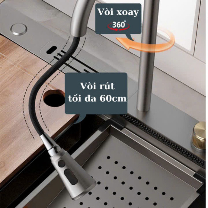 Chậu Rửa Bát 1 Hố Mart.home INOX SUS304 Cao Cấp Phủ Nano Kèm Vòi Thác Nước Thớt Khay Rửa Xiphong BH 10 Năm
