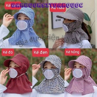 MŨ CHỐNG NẮNG NỮ - Mũ Hoạ Tiết Caro Kèm Khăn Che Kín Mặt Chống Tia UV, Nón Có Lỗ Thông Hơi, Mũ Nón Lưỡi Trai Nữ Cao Cấp