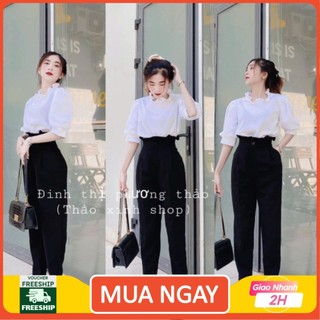 SET ÁO TRẮNG CỔ BÈO QUẦN ĐEN SUÔNG LƯNG CAO❤HÀNG SẴN SQD1209