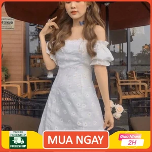 đầm hoa cúc trắng cổ vuông tay phồng ⚡VIDEO THẬT ⚡HÀNG SẴN DSRT1199