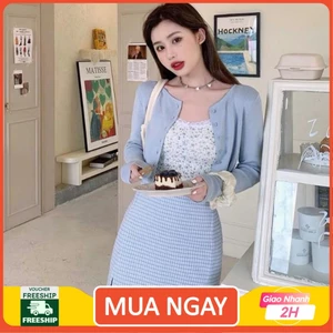 set áo hoa 2 dây kèm áo khoác chân váy caro xanh cực HOT ⚡CÓ CLIP HÌNH THẬT ⚡HÀNG SẴN SACV827