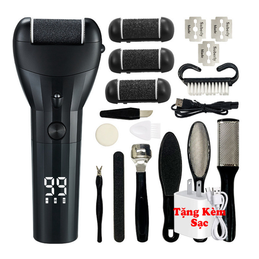 Máy chà gót chân tẩy tế bào chết 3 đầu mài 2 chế độ cao cấp, máy mài gót chân đa năng tặng kèm bộ phụ kiện 10 món ntt95