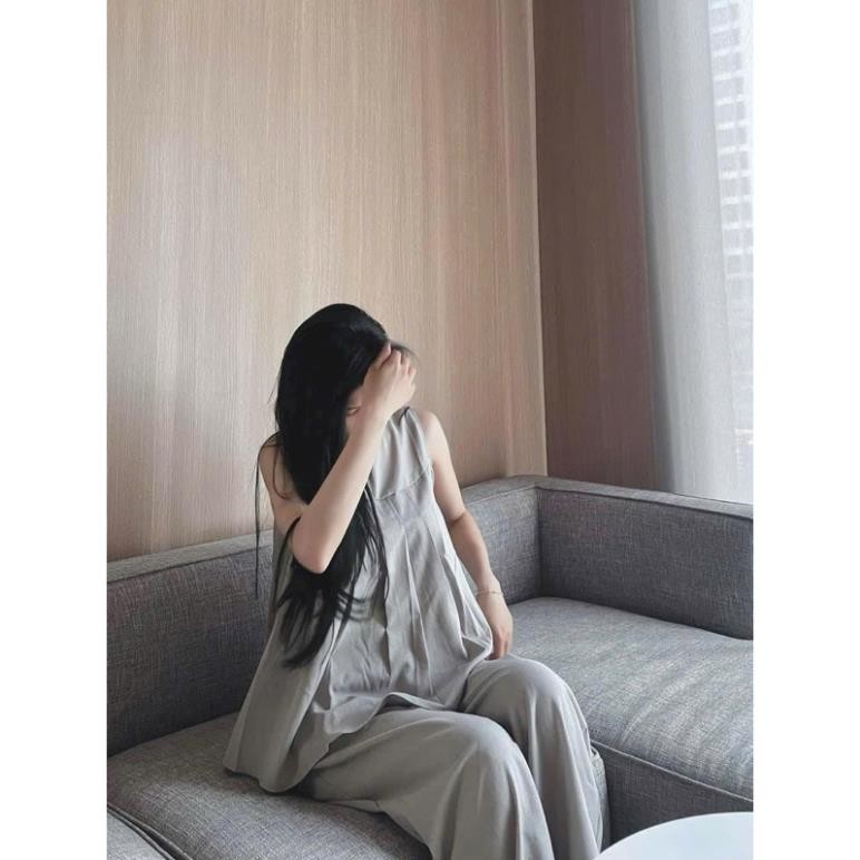 [Mya house] Set linen xám áo dáng baby doll xếp li xoè sát nách + quần suông lưng thun có túi