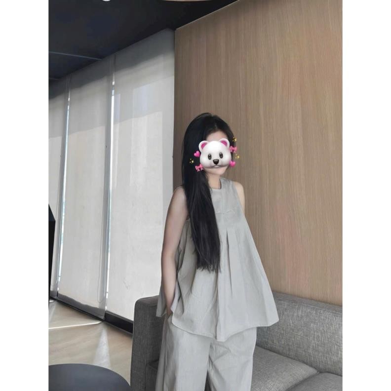 [Mya house] Set linen xám áo dáng baby doll xếp li xoè sát nách + quần suông lưng thun có túi