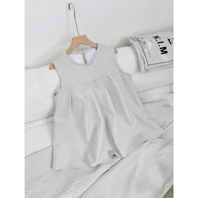 [Mya house] Set linen xám áo dáng baby doll xếp li xoè sát nách + quần suông lưng thun có túi