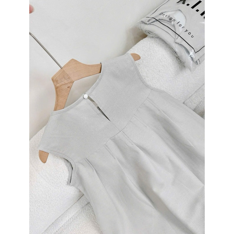 [Mya house] Set linen xám áo dáng baby doll xếp li xoè sát nách + quần suông lưng thun có túi
