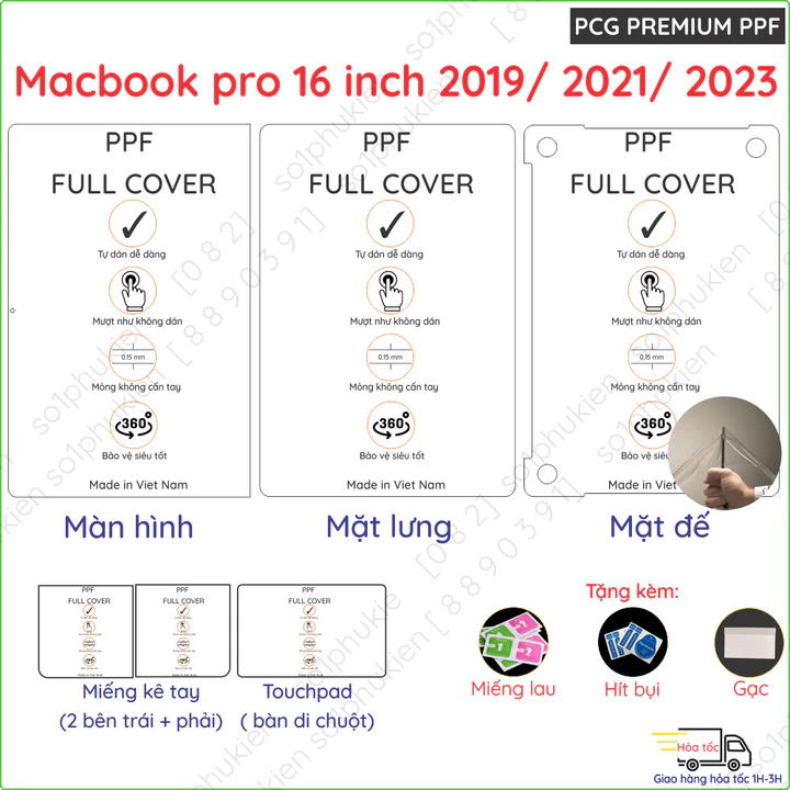 Dán PPF dành cho Macbook Pro 13 13.3 15 16 inch 2018 2019 2021 2023 loại trong, nhám dành cho màn hình, mặt lưng, mặt đế