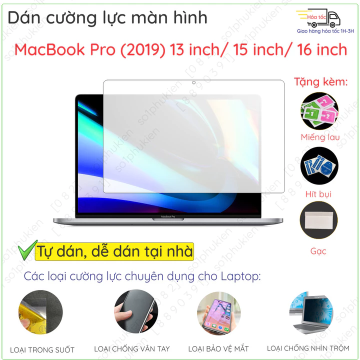 Dán màn hình cường lực MacBook Pro (2019) 13 inch/ 15 inch/ 16 inch/ Pro TouchBar 15 2019 nano dẻo trong suốt, nhám