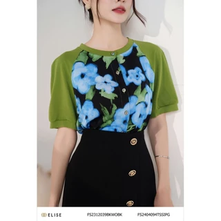 Áo lụa hoa xanh nền đen phối thun thiết kế Elise FS2404094TSSIPG