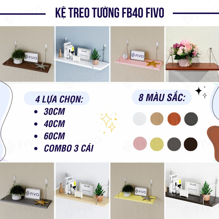 Kệ Sách Gỗ Treo Tường Trang Trí Decor FB40 FIVO Không Cần Khoan,Tặng Kèm Đinh Và Móc Treo Inox, Dễ Dàng Gắn Lên Tường