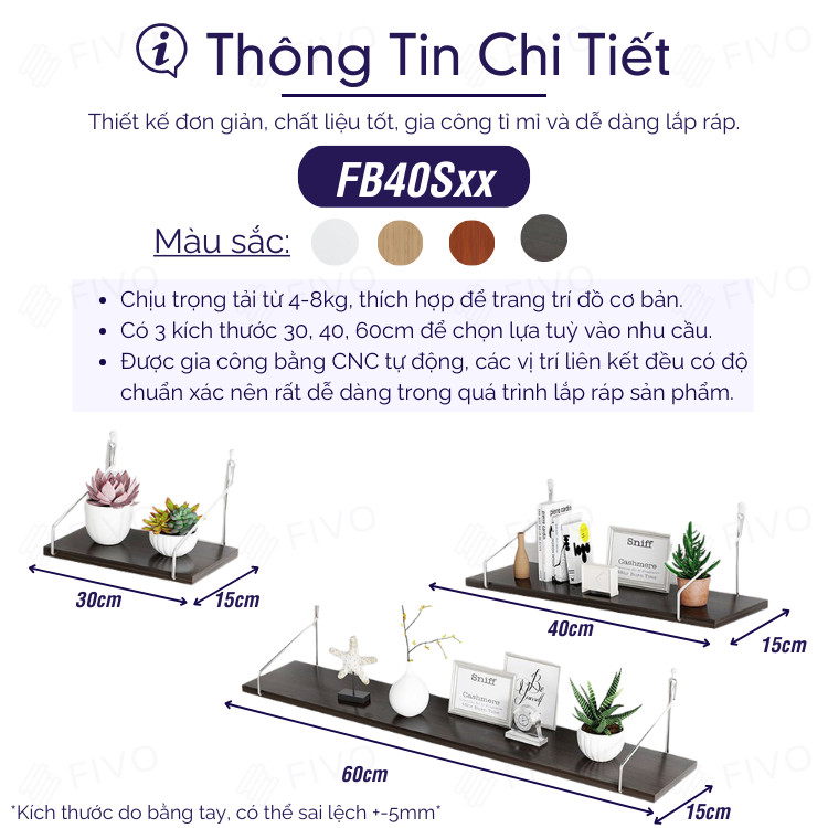 Kệ Sách Gỗ Treo Tường Trang Trí Decor FB40 FIVO Không Cần Khoan,Tặng Kèm Đinh Và Móc Treo Inox, Dễ Dàng Gắn Lên Tường
