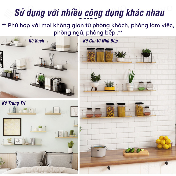Kệ Sách Gỗ Treo Tường Trang Trí Decor FB40 FIVO Không Cần Khoan,Tặng Kèm Đinh Và Móc Treo Inox, Dễ Dàng Gắn Lên Tường