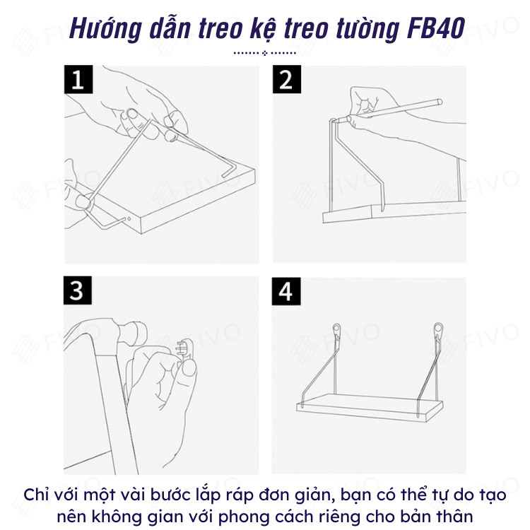 Kệ Sách Gỗ Treo Tường Trang Trí Decor FB40 FIVO Không Cần Khoan,Tặng Kèm Đinh Và Móc Treo Inox, Dễ Dàng Gắn Lên Tường
