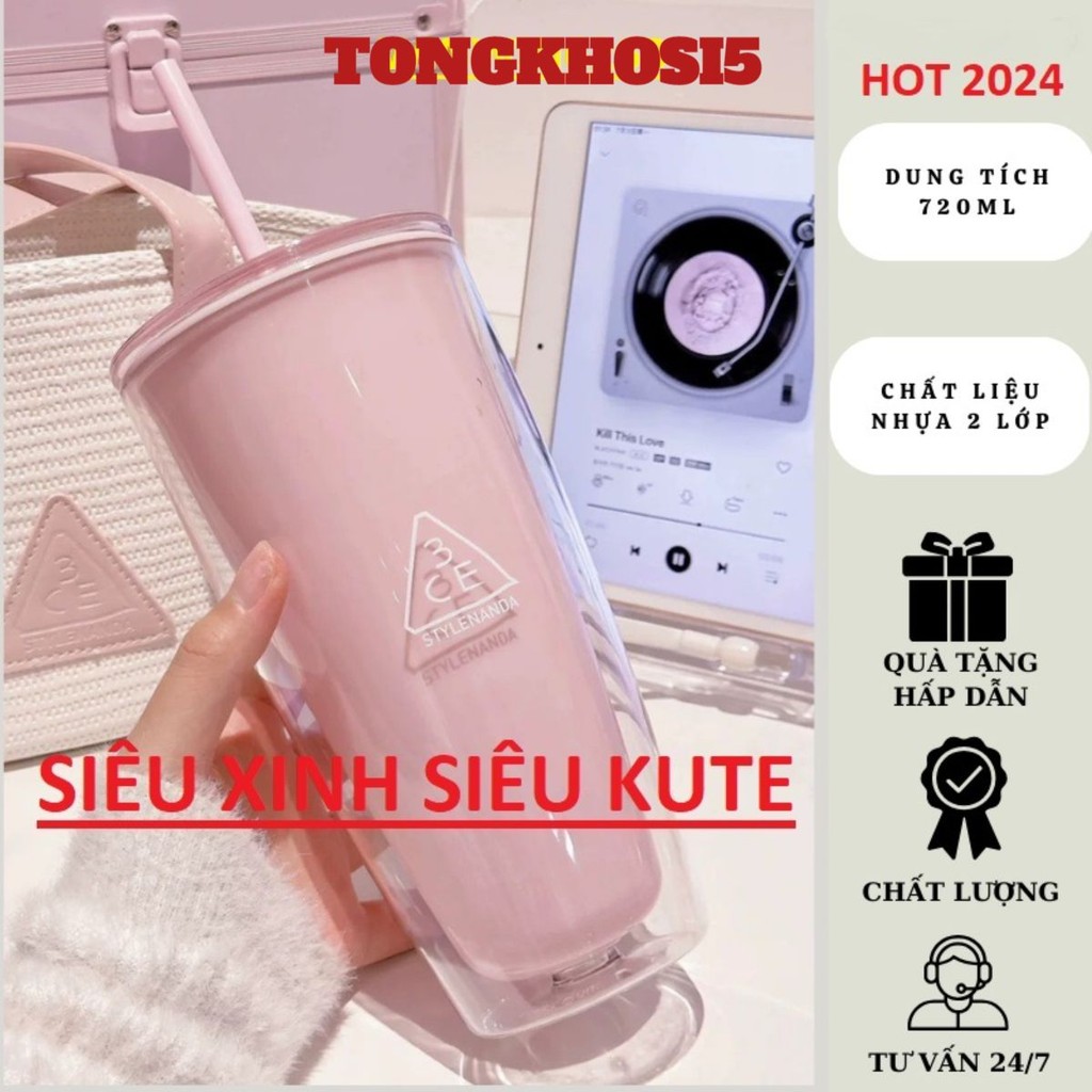Ly Giữ Nhiệt, Cốc 3CE Nhựa 2 Lớp 720ml Siêu Xinh Tặng Kèm Ống Hút, Cốc Giữ Nhiệt 3CE Style 720ml Bình Nước Cute Có Lắp