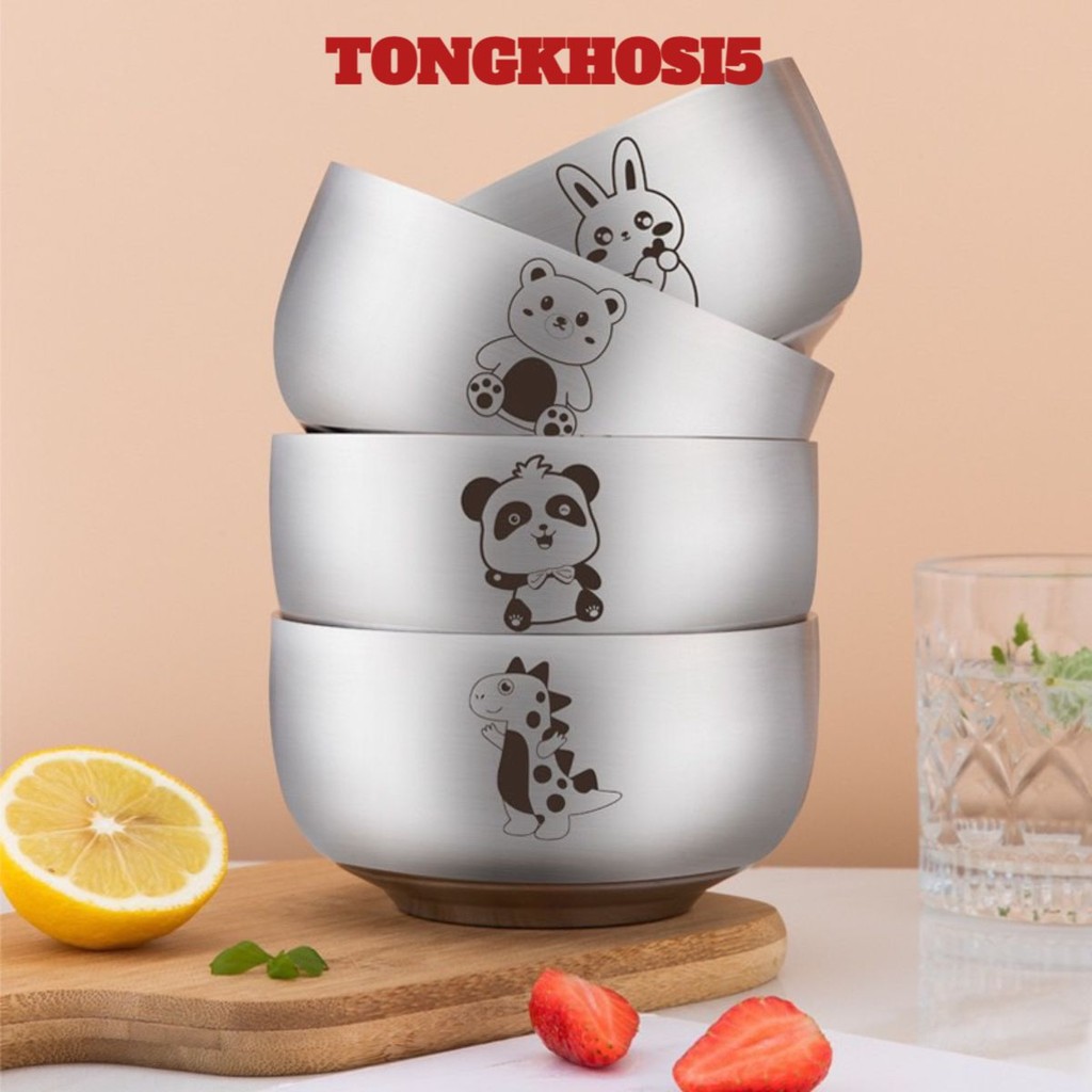 Bát Inox Chống Nóng Bảo Vệ An Toàn Cho Bé, Bát Ăn Cơm, Cháo Có In Hình Ngộ Nghĩnh (Sẵn VN) | 3938