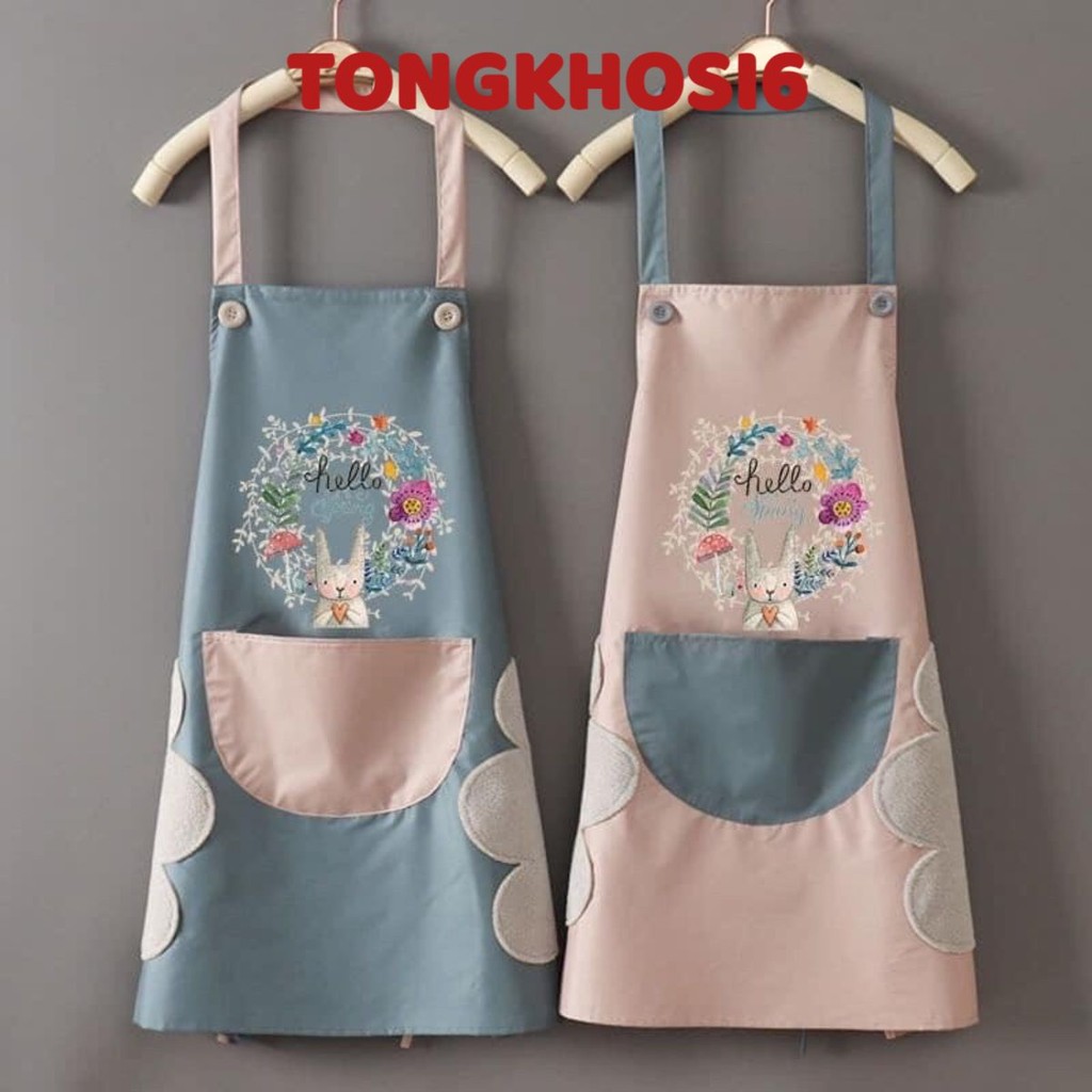 Tạp Dề Hoa Thỏ ( Hình Thỏ ) Kiêm Lun Chỗ Lau Tay Xịn Xò, Chống Nước,  Tạp Dề Nhà Bếp Chống Thấm Bắn Bẩm Dầu Mỡ Cao Cấp