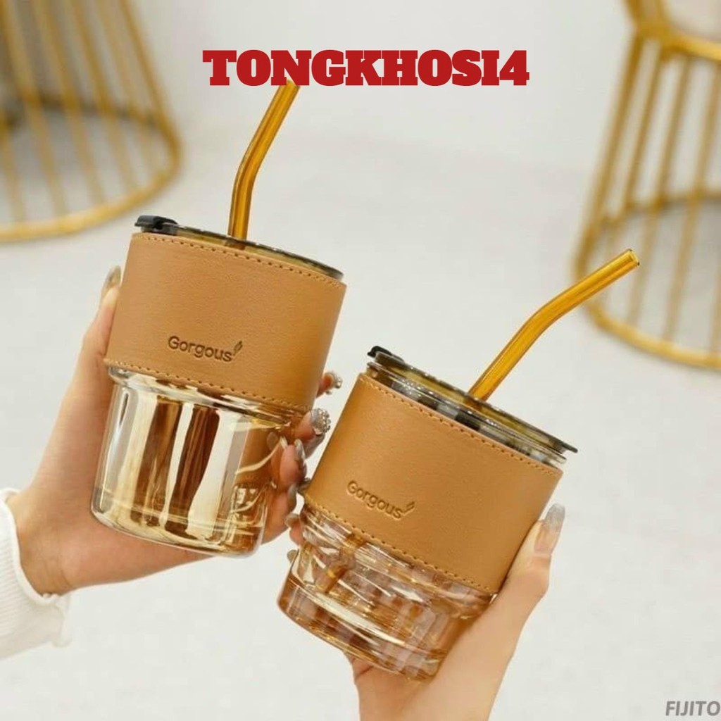 Cốc thủy tinh bọc da có nắp kèm ống hút , Ly thuỷ tinh GorGous bọc da sang chảnh chống bỏng pha sữa cafe 450ml