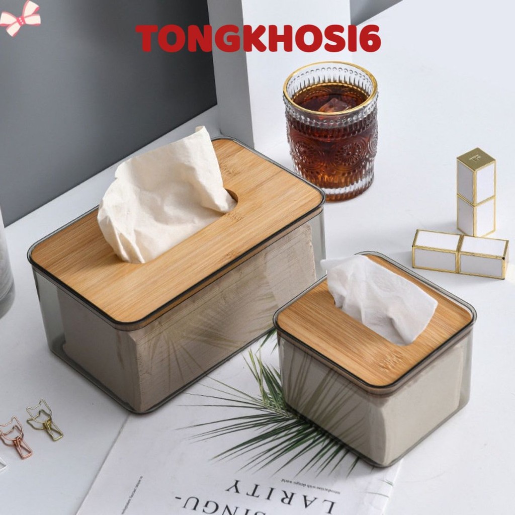 (22x13x10) Hộp Đựng Giấy Ăn Nhựa Trong Suốt Nắp Tre Gỗ Thiết Kế Sang Trọng Đa Dạng Nhiều Kích Thước