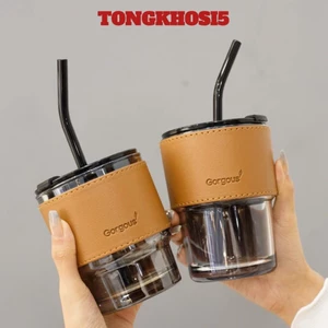 Cốc Thủy Tinh GORGOUS Có Nắp , Ly Uống Nước Kèm Ống Hút Và Bao Da Đi Kèm - 450ml Có 2 Màu - COC576