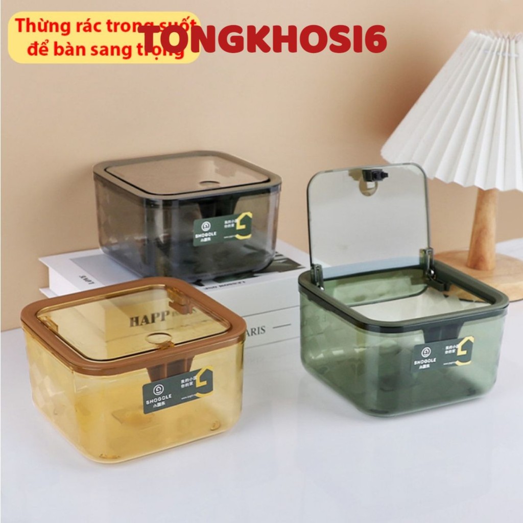 Hộp Đựng Rác Vuông Để Bàn Nắp Bật - Thùng Rác Mini Trong Suốt Để Bàn Có Nắp Đậy MÃ: 356938