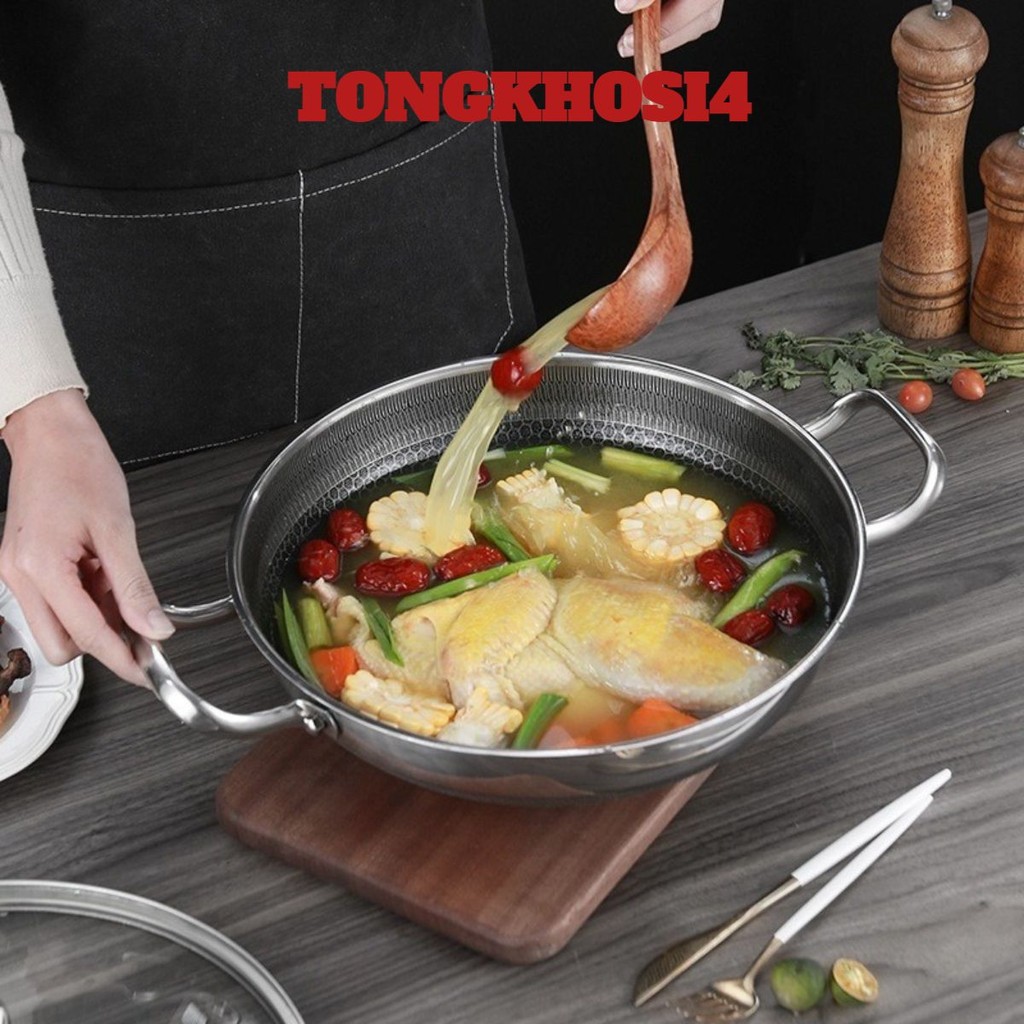 Chảo Tổ Ong Đáy Phẳng 2 Quai, Chống Dính Sâu Lòng, Size 28 cm, mồi inox Phù Hợp Với Mọi Loại bếp inox 304 - DELI