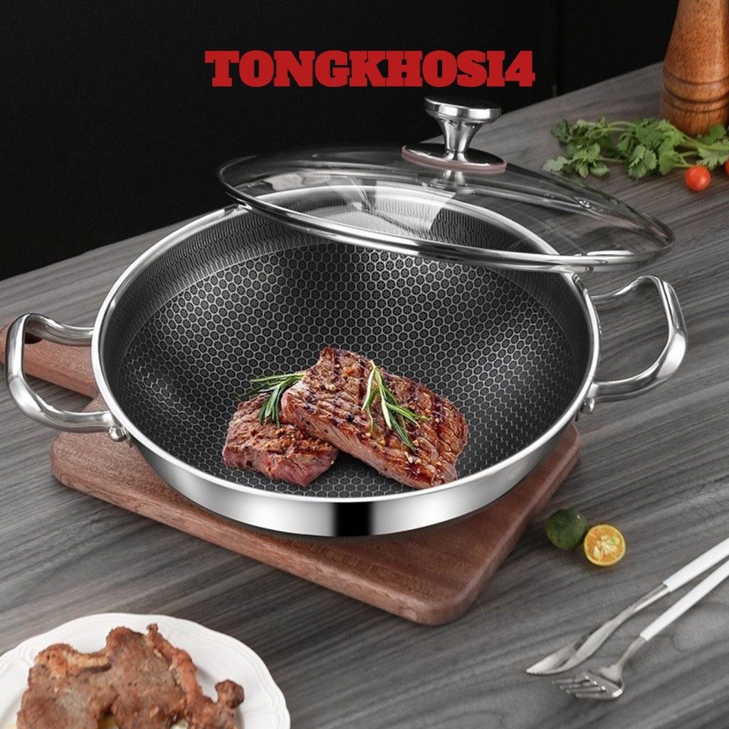 Chảo Tổ Ong Đáy Phẳng 2 Quai, Chống Dính Sâu Lòng, Size 28 cm, mồi inox Phù Hợp Với Mọi Loại bếp inox 304 siêu bền