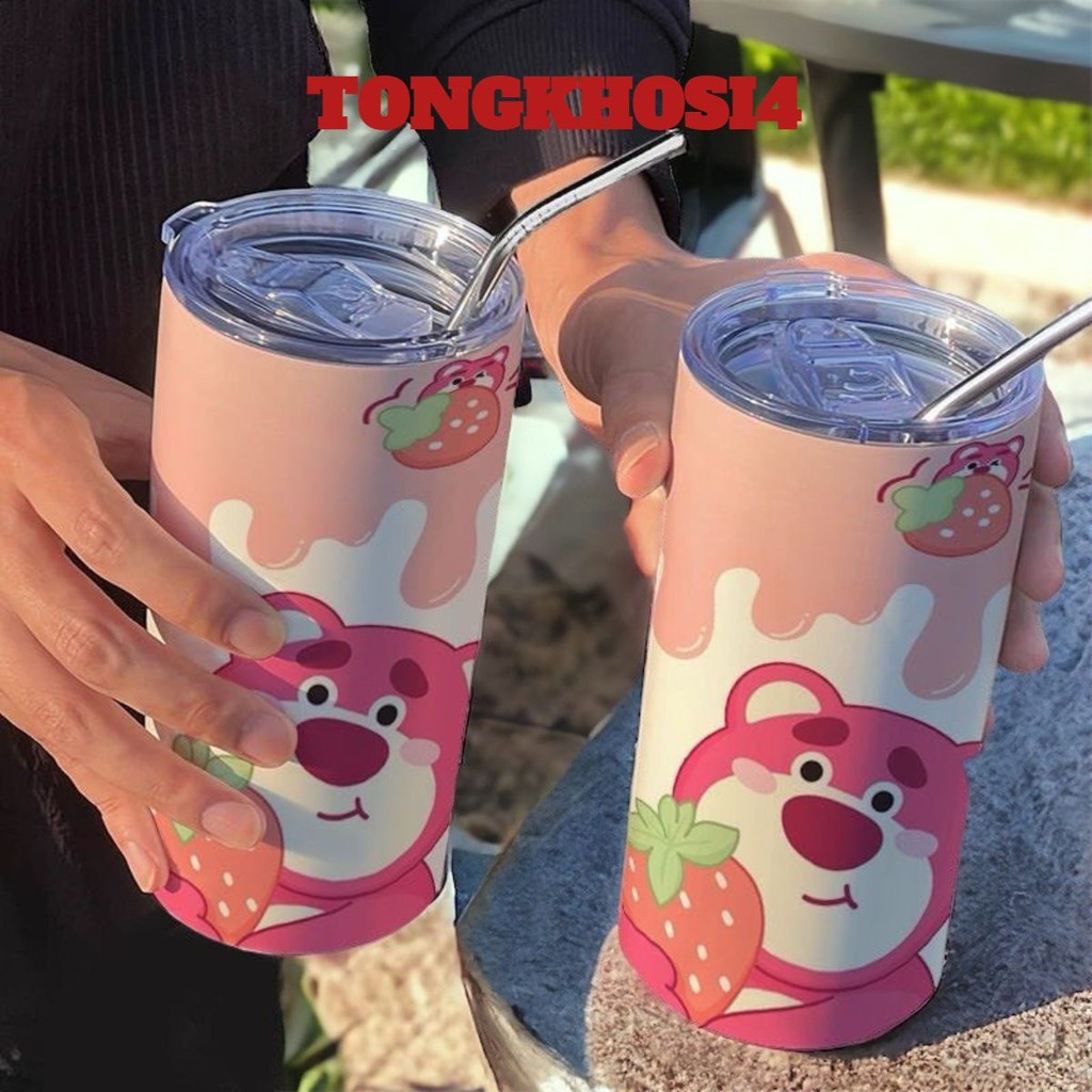 Ly Giữ Nhiệt Iced Americano Gấu Dâu Chất Liệu Inox 304 Cao Cấp Dung Tích 600ml Nắp Chống Tràn