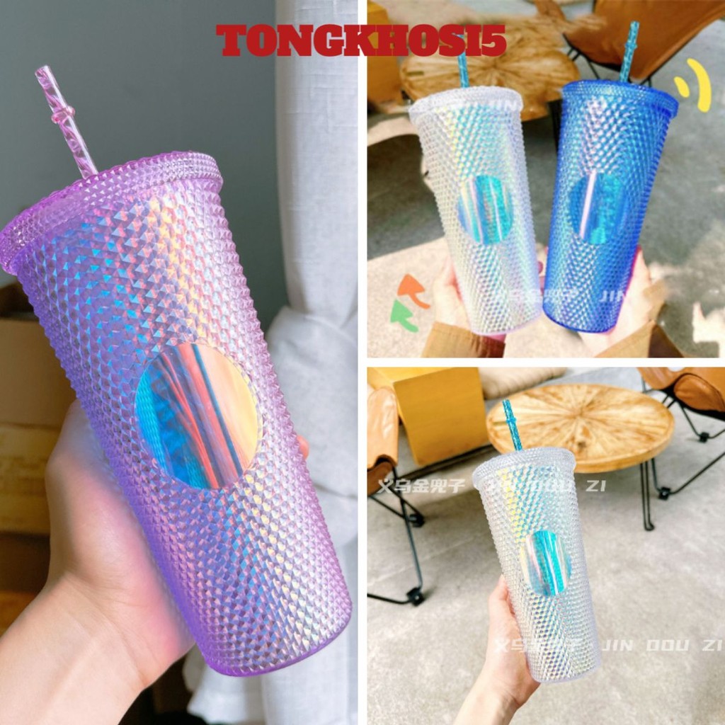 Ly Nhựa Trụ Kim Cương Lấp Lánh 700ml Kèm Ống Hút Nhựa Pp Mang Nắp Chống Tràn Có Thể Mang Đi Nhiều Nơi MÃ 3466963
