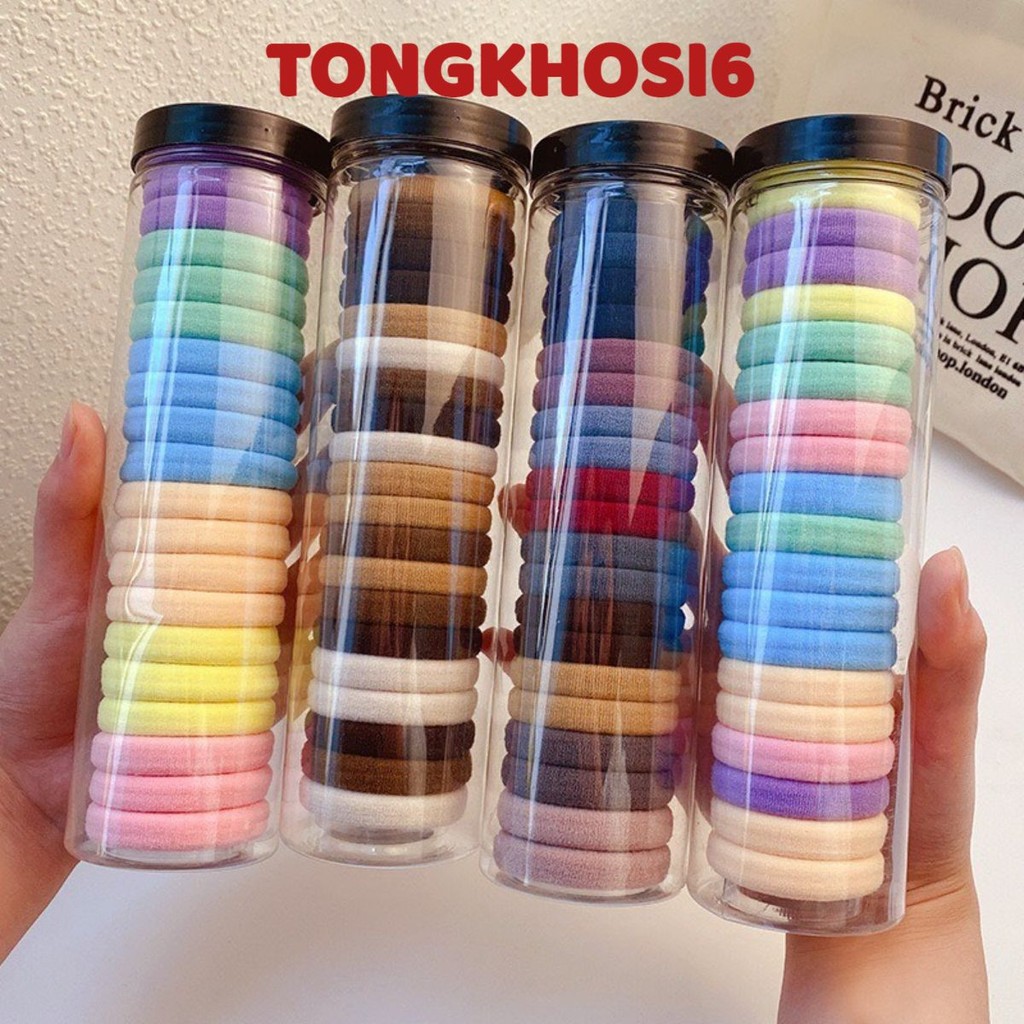 (COMBO 10)HỘP 20 Chun Buộc Tóc Nhiều Màu Sắc , Dây Buộc Tóc Trơn Kèm Ông Đựng Trong Suốt