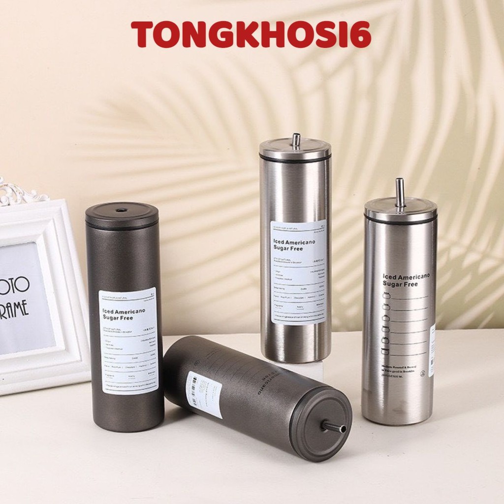 Bình giữ nhiệt iced americano inox 304 DÁNG CAO, ly giữ nhiệt dáng cao có ống hút tiện lợi