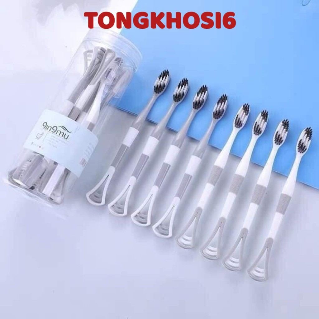 Hộp 8 Bàn Chải Đánh Răng 2 Đầu Kèm Cạo LưỡI, Bàn Chải Đánh Răng 2 In 1 Có Dụng Cụ Cạo Lưỡi