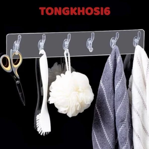 Vỉ Thanh 6 Móc, Móc Dán Tường Siêu Dính Trong Suốt, Móc Treo Đồ, Quần Áo, Khăn, Đồ Dùng Nhà Bếp
