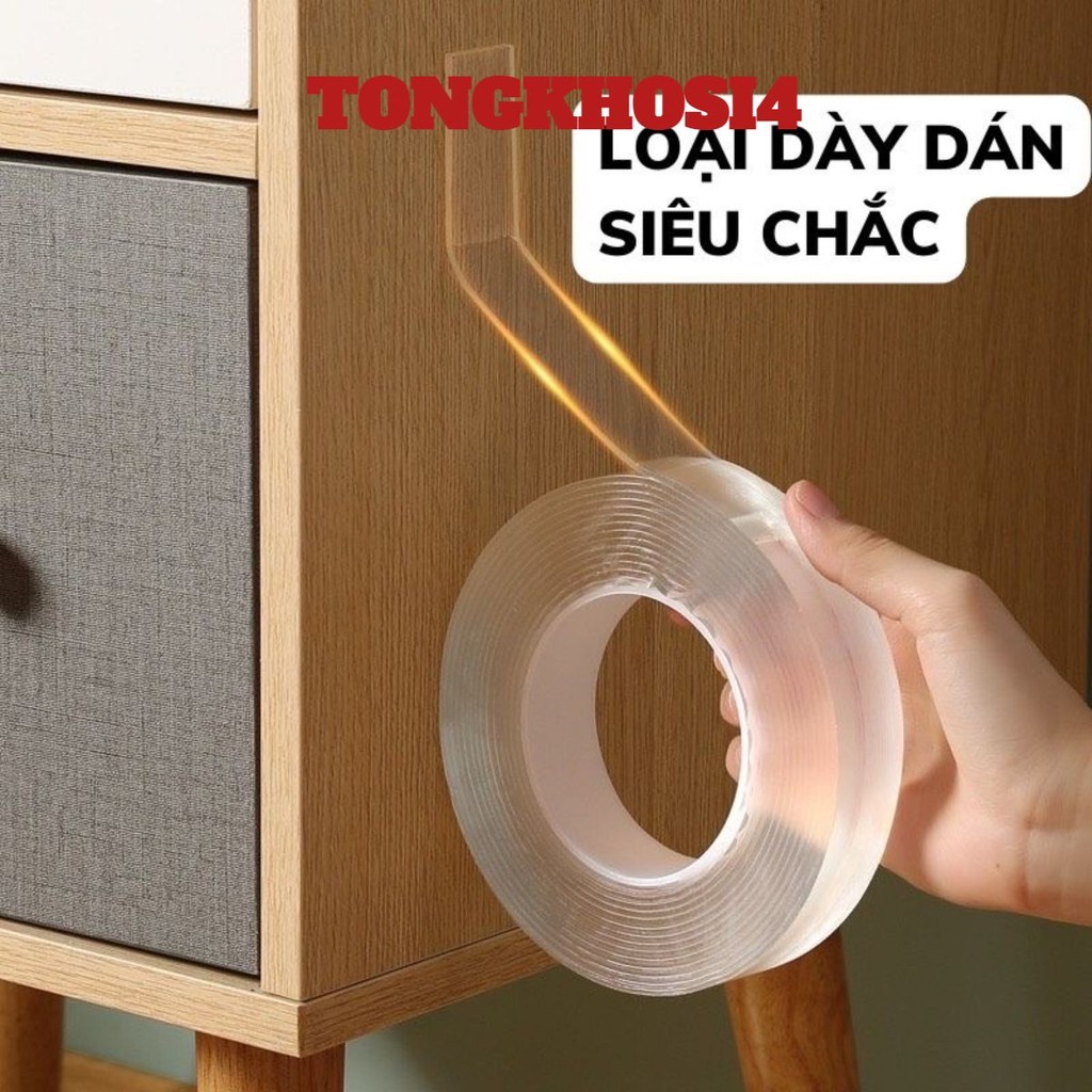 Băng Dính 2 Mặt Nano Trong Suốt Băng Dính 2 Mặt Siêu Dính 3Cm*5M Dán Cố Định Đồ Vật Không Thấm Nước Có Thể Tái Sử Dụng
