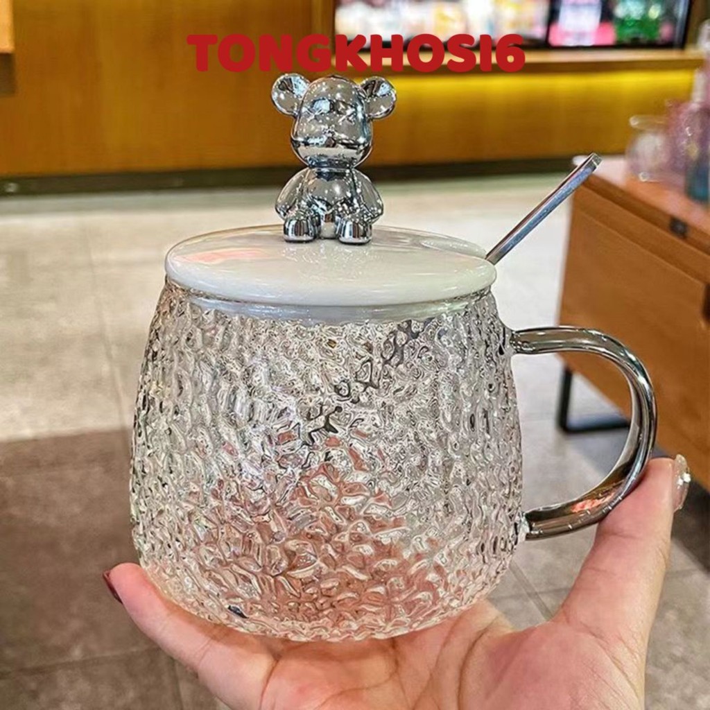 Cốc Thủy Tinh Nắp Gấu Bear Chịu Nhiệt 500ml -Tặng Kèm Thìa,  Ly Thủy Tinh Chiu Nhiệt Lên Tới 150 Độ