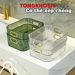 Khay trong suốt đựng mỹ phẩm hộp đựng đồ để bàn sang trọng dày dặn tay cầm mạ vàng