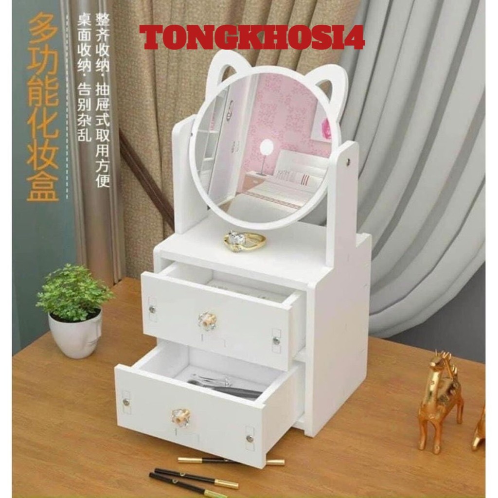Kệ Mỹ Phẩm Gỗ Nhựa Kèm Gương Tai Mèo, Bàn Trang Điểm Mini Có 2 Ngăn Kéo Tiện Lợi Kèm Gương- MÃ: AK6