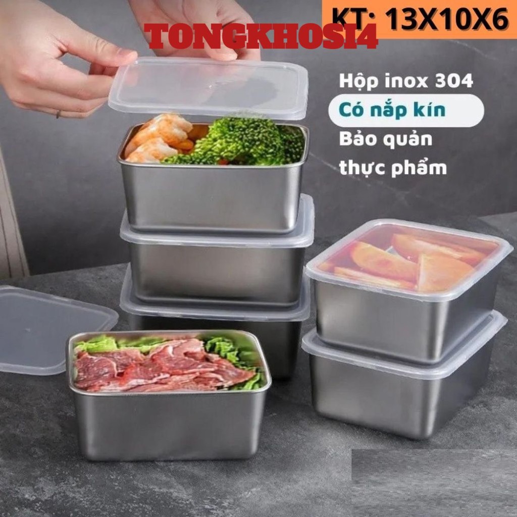 Combo 5 Khay Đựng Thực Phẩm Inox 304 Có Nắp Đậy , Hộp Đựng Thực Phẩm Bằng Inox Để Tủ Lạnh- MÃ: AK968