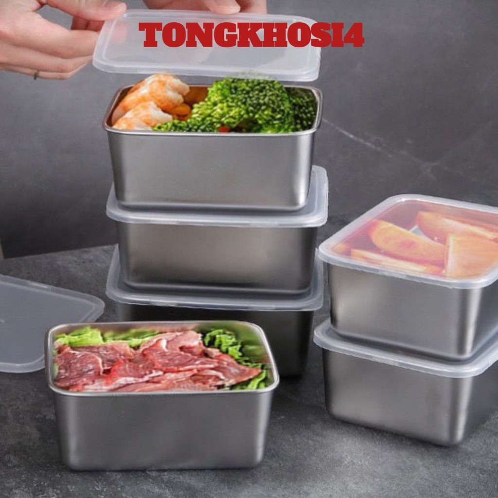 [COMBO] 5 Hộp VUÔNG đựng thực phẩm INox 304 Kèm Nắp, Hộp Đựng Đồ Tủ Lạnh - AK35487