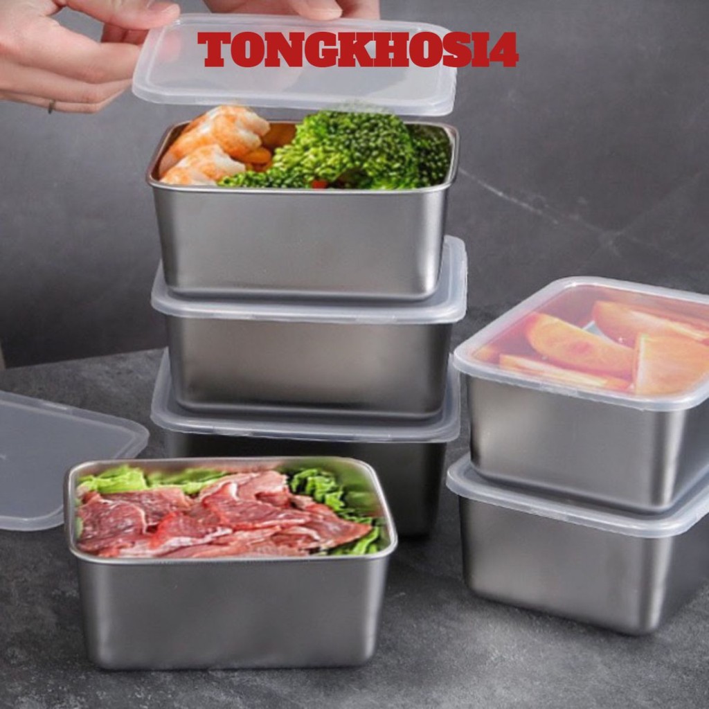 SÉT 5 HỘP INOX ĐỰNG THỰC PHẨM KÈM NẮP NHỰA ĐỂ TỦ LẠNH HÓT HÍT KT: 13,5 x 5.8 x 10,5CM - AK5498