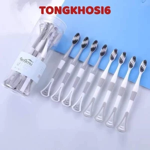 Hộp 8 Bàn Chải Đánh Răng 2 Đầu Kèm Cạo Lưỡi , Bàn Chải Đánh Răng 2 In 1 Có Đầu Cạo Lưỡi, Bàn Chải Đánh Răng Kèm Cạo Lưỡi