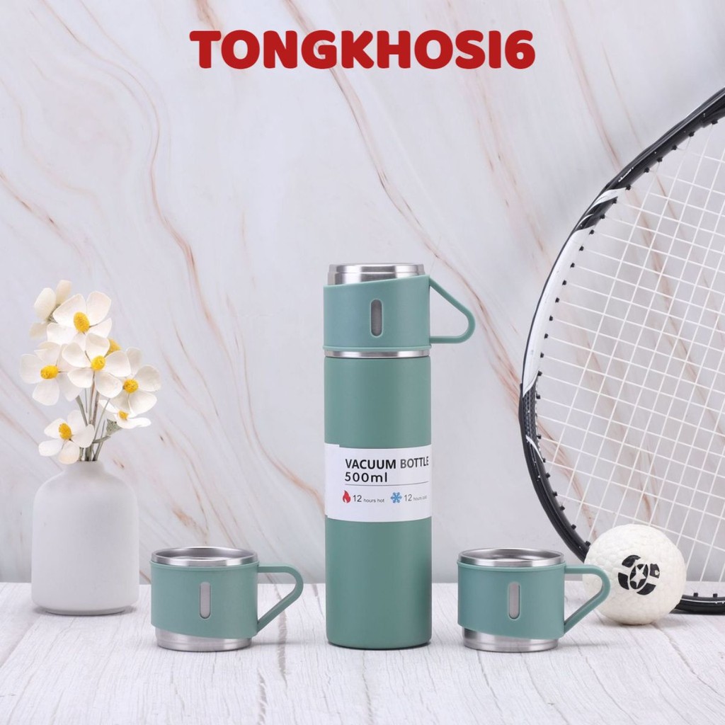 Bình Giữ Nhiệt Cao Cấp 500ML Lõi Inox 304 Tặng Kèm 2 Cốc Cách Nhiệt, Fullbox Làm Quà Tặng Sang Trọng- Bộ Bình Giữ Nhiệt