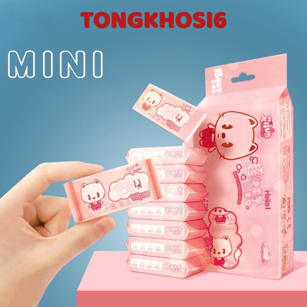 Set 8 Gói/ 64 Tờ Khăn Giấy Ướt Mini Bỏ Túi - Khăn Ướt Trẻ Em - Khăn Vệ Sinh, Lau Tay Đa Năng